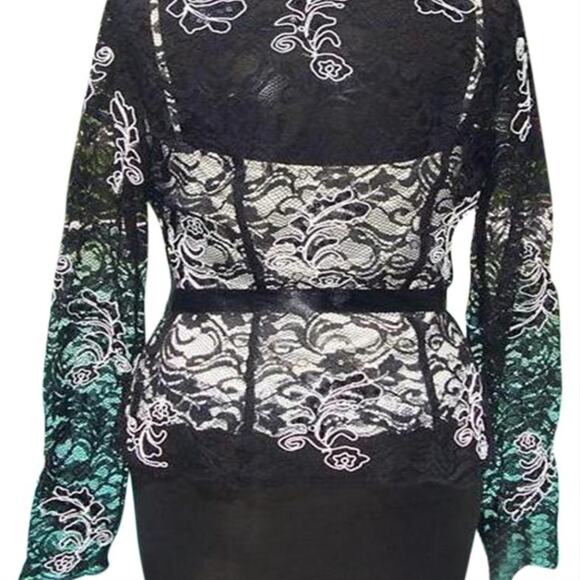Cache Luxe Black Lace Sheer Illusion Lace Top Jacket White Trim New $228 NWT - Picture 9 of 11